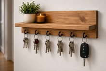 Load image into Gallery viewer, Handmade Wooden Key Rack Shelf – Antique Pine Finish with Hooks