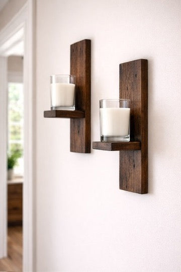 Set of 2 Rustic Wooden Wall Sconces – Handmade Candle Holders –  Plant Holders