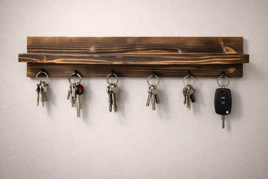Rustic Shou Sugi Ban Key Holder with Shelf – Handmade Burnt Wood Entryway Organizer – Wall Mounted Key Rack with Hooks – Hallway Shelf
