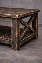Load image into Gallery viewer, Handmade Rustic Industrial X-Frame Coffee Table with Lower Shelf
