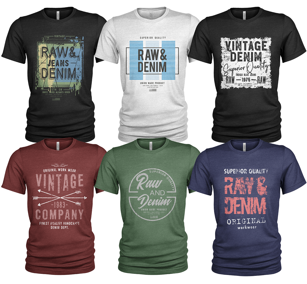 6 Pack Men's Cotton Crew Neck Casual Raw & Denim T Shirts