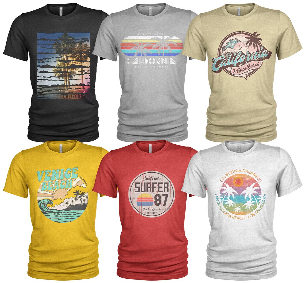 6 Pack Men's Venice Beach California Cotton Crew Neck Casual T Shirts