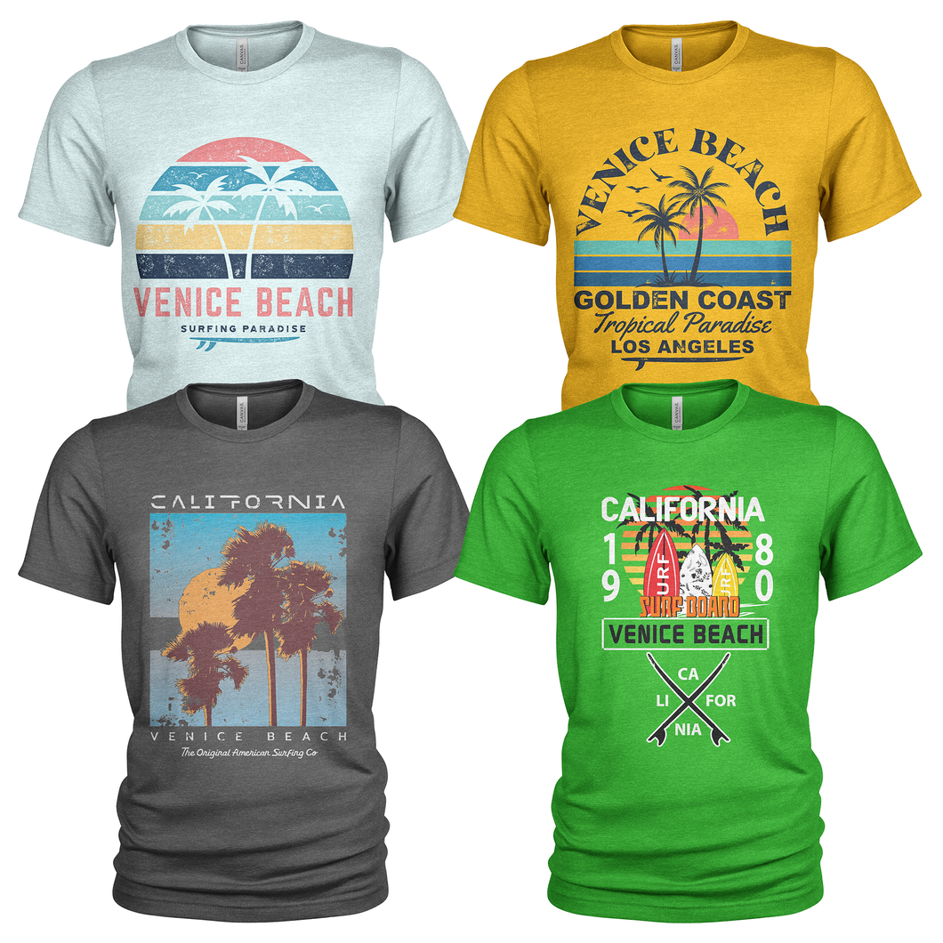 4 Pack Men's Crew Neck Summer Holidays California T-Shirts