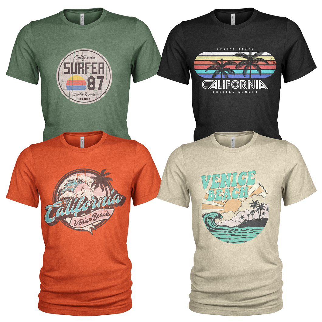 4 Pack Men's Crew Neck Summer Holidays California T-Shirts