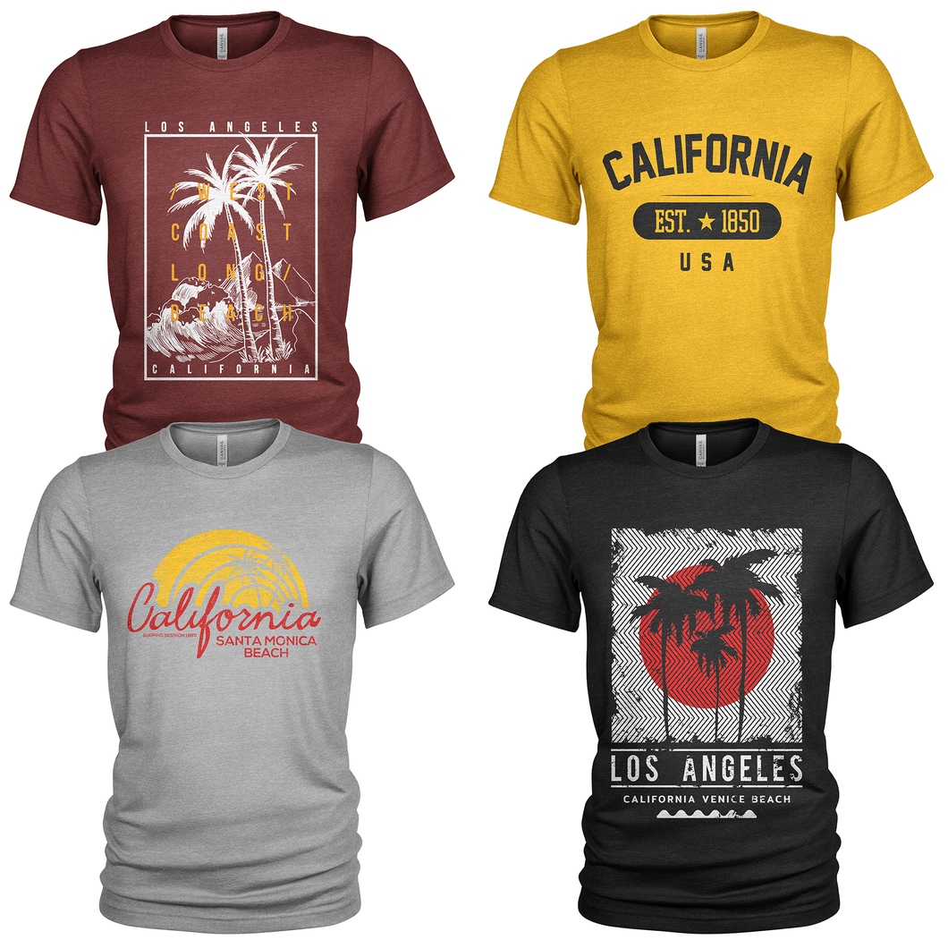 4 Pack Men's Crew Neck Summer Holidays California T-Shirts